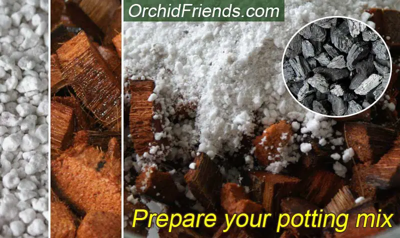 Prepare husk coconut chip mix for orchids