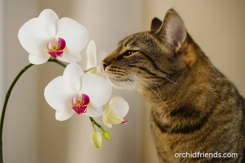 Cat sniffing phalaenopsis orchid